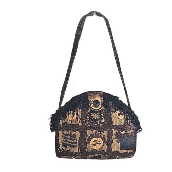 Shoulder Bag Brocade Material Brown Tan Black - Picture 1 of 7